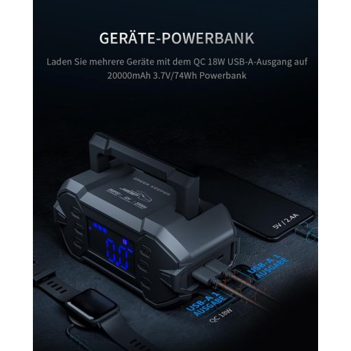 GREEN KEEPER 3000A Hordozható Indítóakkumulátor 12V Benzin Dízel Autóhoz Kompresszorral