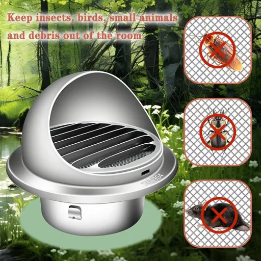 100 mm Okrugla ventilacijska rešetka - Nehrđajući čelik 304, Srebrna, Mrežica protiv insekata, Za vanjsku i unutarnju upotrebu, Za kuhinju, Kupaonicu