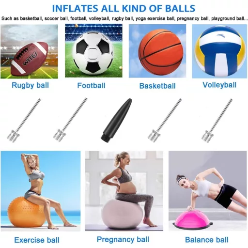 Pompă de minge bidirecțională Fenxyo cu suport pentru ac și 5/10 ace, pentru fotbal, baschet, volei, rugby