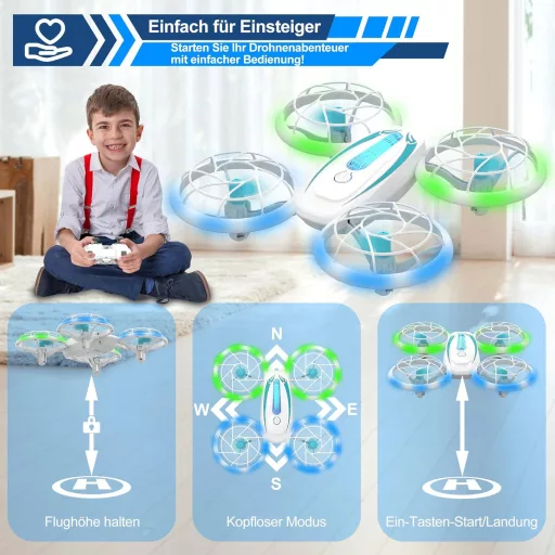 Wipkviey T18 Mini Drón Gyerekeknek - LED Fényekkel, 360° Forgással, Magasságtartással, Fejnélküli Móddal, 16 Perc Repülési Idővel, 2 Akkumul