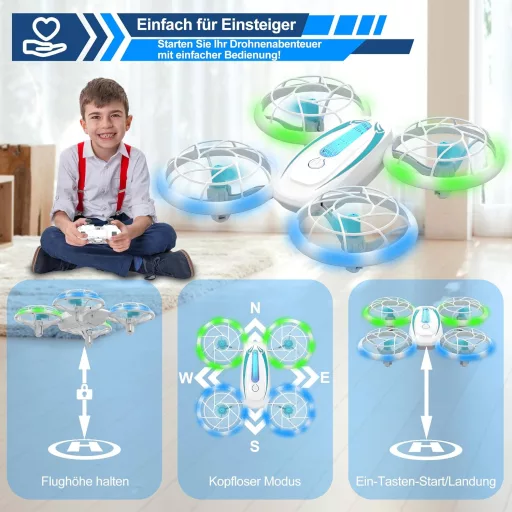 Wipkviey T18 Mini Drón Gyerekeknek - LED Fényekkel, 360° Forgással, Magasságtartással, Fejnélküli Móddal, 16 Perc Repülési Idővel, 2 Akkumul