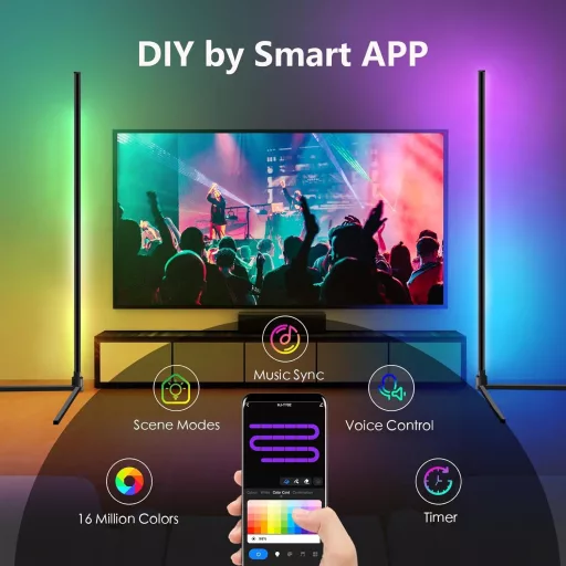 Weilim RGB Állólámpa 156 cm - Okos LED Lámpa Távirányítóval, Időzítővel, Alexa és Google Asszisztens Kompatibilitás, 16 Millió Szín, Zenei M