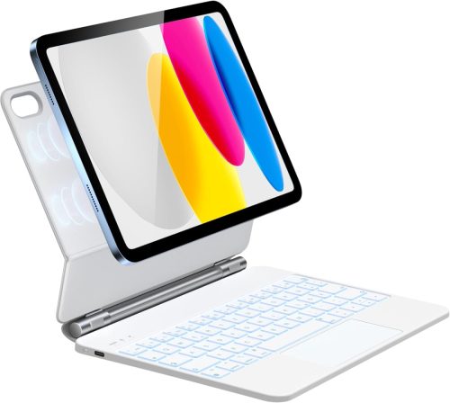 Husa cu tastatură pentru iPad 11/10 generație - Stand magnetic, iluminare de fundal în 7 culori, layout QWERTZ, Bluetooth, Alb