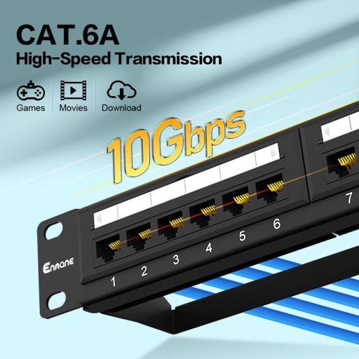 Patch panel CAT6A cu 24 de porturi, 19", montare rack, panou de organizare cabluri Ethernet pentru cabluri Cat5/5e/6/6A