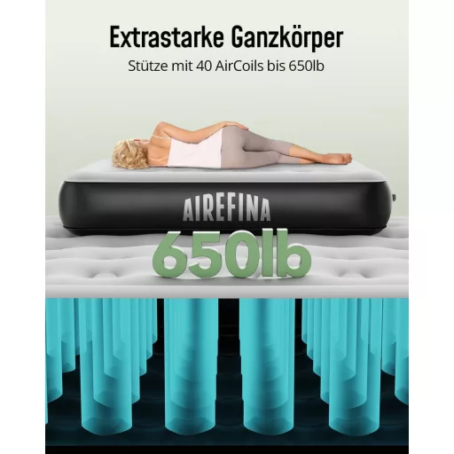 Airefina Felfújható Matrac 2 Személyes - Beépített Pumpás Légágy Kempinghez, Vendégágynak - Hordozható Fekete Légmatrac Táskával, 203x152x33