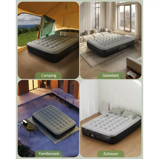 Airefina Felfújható Matrac 2 Személyes - Beépített Pumpás Légágy Kempinghez, Vendégágynak - Hordozható Fekete Légmatrac Táskával, 203x152x33