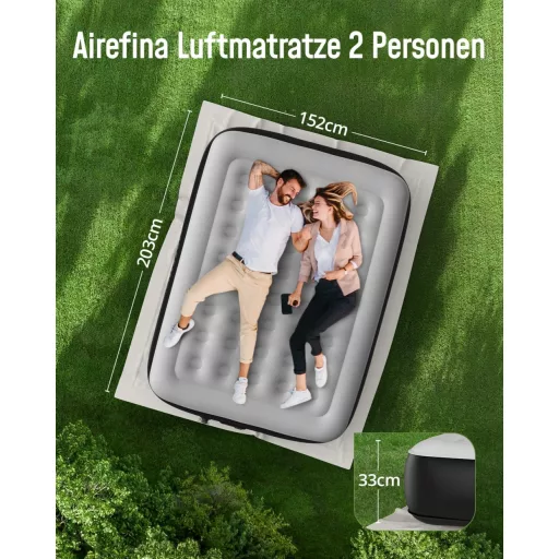 Saltea gonflabilă Airefina pentru 2 persoane - Pat de aer cu pompă încorporată, pentru camping, pat de oaspeți - Saltea pneumatică portabilă neagră cu geantă, 203x152x33