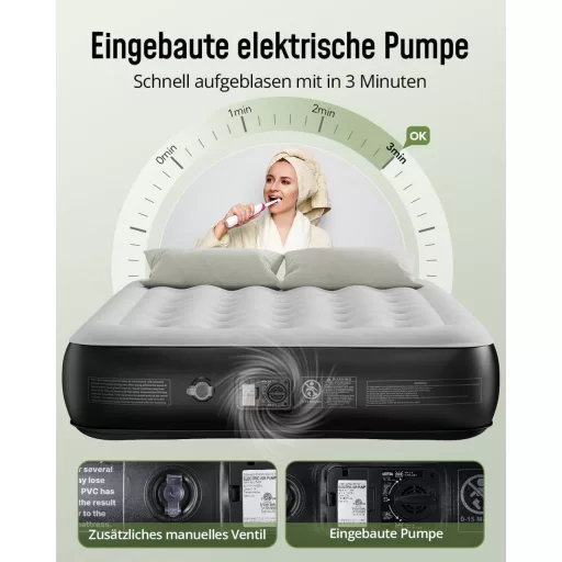 Airefina Felfújható Matrac 2 Személyes - Beépített Pumpás Légágy Kempinghez, Vendégágynak - Hordozható Fekete Légmatrac Táskával, 203x152x33