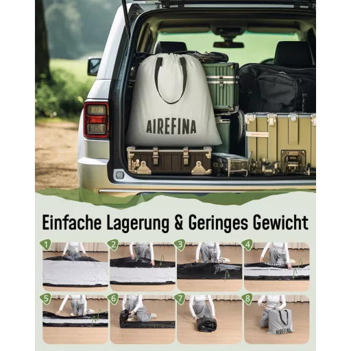 Airefina Felfújható Matrac 2 Személyes - Beépített Pumpás Légágy Kempinghez, Vendégágynak - Hordozható Fekete Légmatrac Táskával, 203x152x33