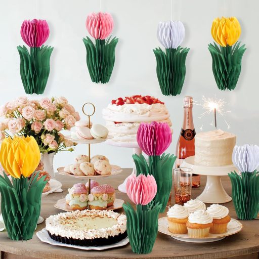 SUNBEAUTY 8 darabos Tulipán Legyezővirág Dekoráció Fehér-Rózsaszín-Sárga Papír Virágdísz Esküvő Születésnap Tavaszi Ünnepi Díszítés