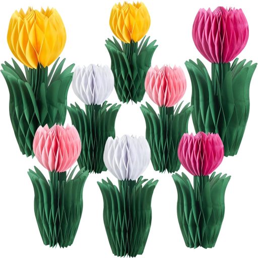 SUNBEAUTY 8 darabos Tulipán Legyezővirág Dekoráció Fehér-Rózsaszín-Sárga Papír Virágdísz Esküvő Születésnap Tavaszi Ünnepi Díszítés