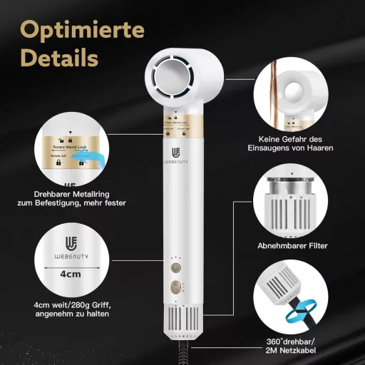 webeauty 5 az 1-ben Hajszárító és Hajformázó Készlet - 110.000 RPM, 200 Millió Negatív Ion, Kefés Hajszárító és Légáramú Hajgöndörítő, Fehér