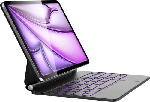 HOU iPad Air 13 és Pro 12.9 Billentyűzetes Tok - QWERTZ, Érintőpaddal, 7 Színű Háttérvilágítással, Mágneses Kialakítással, Kompatibilis 3-6.