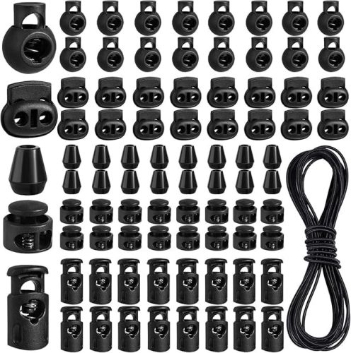 REJOECE 80 db Fekete Zsinórzár Készlet - 5/8 mm Cipőfűző Rögzítő, Kétutas Zsineglezáró Kabátokhoz, Sportruházathoz, Hátizsákokhoz, 4m Rugalm