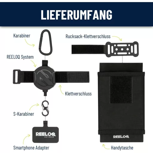 REELOQ PRO Smartphone Biztonsági Hátizsák Telefontartó 360° Visszahúzható Kötéllel Fekete