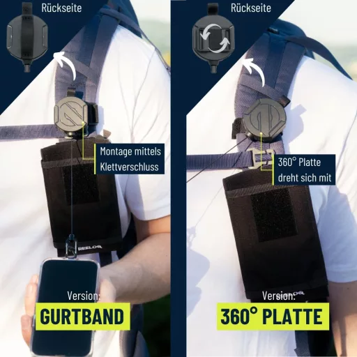 Bezpečnostný držiak na smartfón na batoh REELOQ PRO s 360° výsuvným lankom, čierny