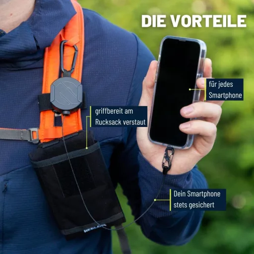 REELOQ PRO Smartphone Biztonsági Hátizsák Telefontartó 360° Visszahúzható Kötéllel Fekete