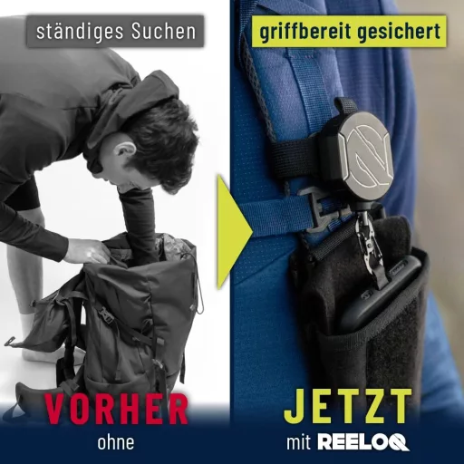 REELOQ PRO Smartphone Biztonsági Hátizsák Telefontartó 360° Visszahúzható Kötéllel Fekete