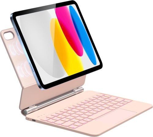 Husă cu tastatură și touchpad pentru iPad 10 - Iluminare fundal în 7 culori, carcasă magnetică, layout QWERTZ, compatibilă cu iPad Generația a 10-a 2022, Roz