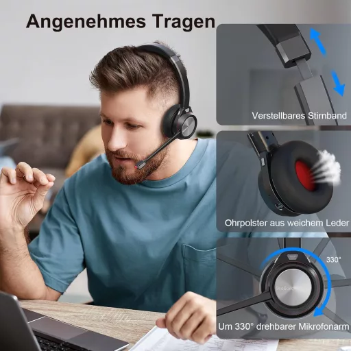 Beebang Vezeték Nélküli Headset, Mono Bluetooth 5.2 Mikrofonos Fejhallgató USB Adapterrel PC-hez, 30 Órás Üzemidő, Mac, Skype, Teams, Zoom K