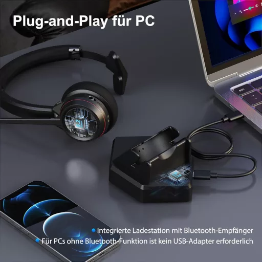 Beebang Vezeték Nélküli Headset, Mono Bluetooth 5.2 Mikrofonos Fejhallgató USB Adapterrel PC-hez, 30 Órás Üzemidő, Mac, Skype, Teams, Zoom K