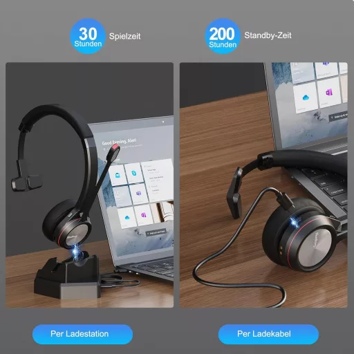 Bezdrôtová náhlavná súprava Beebang, mono Bluetooth 5.2 slúchadlo s mikrofónom a USB adaptérom pre PC, 30-hodinová výdrž batérie, pre Mac, Skype, Teams, Zoom