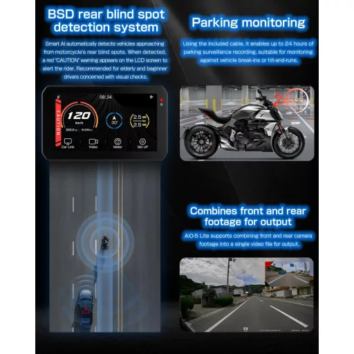 CHIGEE AIO-5 Lite Motorkerékpár CarPlay Android GPS Navigáció, BSD, 5" LCD, IP67 Vízálló szett