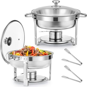   Wilprep 5,5 L Rozsdamentes Acél Ételmelegítő Szett 2 db - Kerek Chafing Dish Üvegfedővel, Ételtároló Edény Éttermeknek, Büféknek, Rendezvény