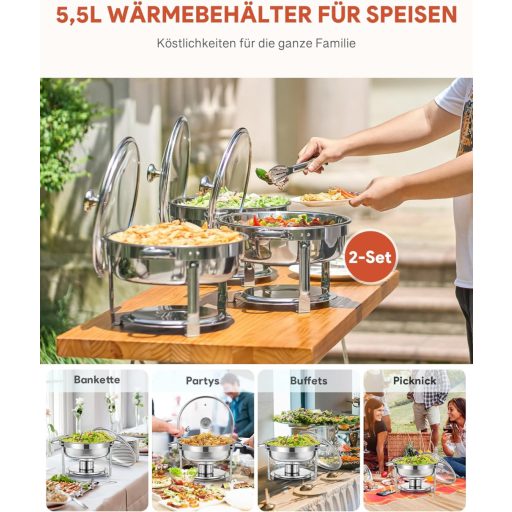 Wilprep 5,5 L Rozsdamentes Acél Ételmelegítő Szett 2 db - Kerek Chafing Dish Üvegfedővel, Ételtároló Edény Éttermeknek, Büféknek, Rendezvény