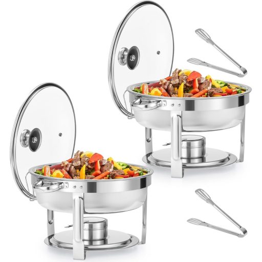 Wilprep 5,5 L Rozsdamentes Acél Ételmelegítő Szett 2 db - Kerek Chafing Dish Üvegfedővel, Ételtároló Edény Éttermeknek, Büféknek, Rendezvény