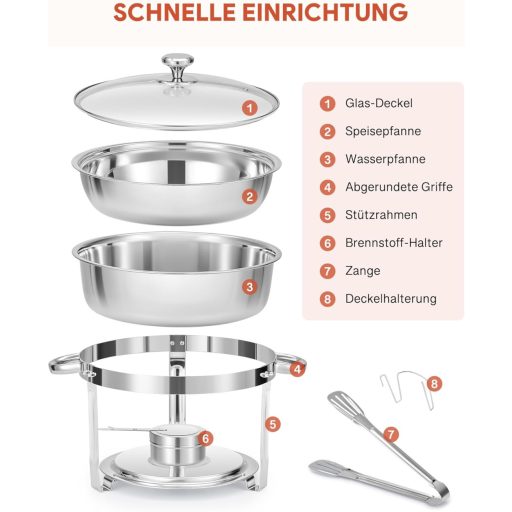 Wilprep 5,5 L Rozsdamentes Acél Ételmelegítő Szett 2 db - Kerek Chafing Dish Üvegfedővel, Ételtároló Edény Éttermeknek, Büféknek, Rendezvény