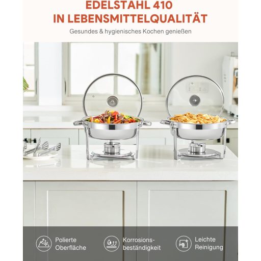 Wilprep 5,5 L Set grijača hrane od nehrđajućeg čelika, 2 kom - Okrugli chafing dish s staklenim poklopcem, posuda za pohranu hrane za restorane, bifee, događanja