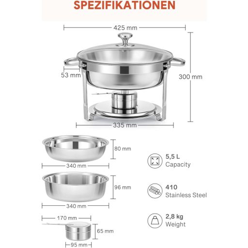 Wilprep 5,5 L Rozsdamentes Acél Ételmelegítő Szett 2 db - Kerek Chafing Dish Üvegfedővel, Ételtároló Edény Éttermeknek, Büféknek, Rendezvény