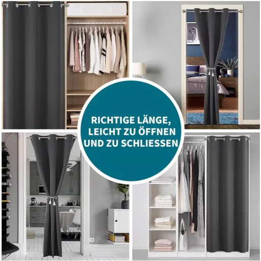 Perdea opacă pentru ușă Joydeco cu bride - Gri închis, termoizolantă, fonoizolantă, din poliester lavabil, pentru dormitor, living.