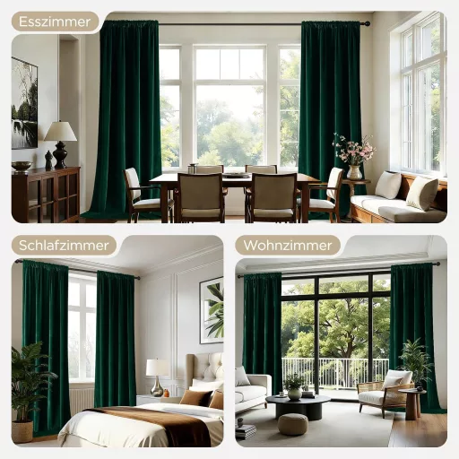 Joydeco sötétzöld bársony függöny 240x140 cm, 2 darab, hőszigetelő
