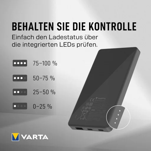 VARTA Power Bank 20000 mAh, 4 portos gyorstöltő, USB-C, Micro USB, telefon és tablet töltéshez