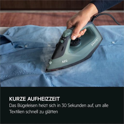 AEG Steam Iron, 2400 W, Variable Vertical Steam Surge, Fine Spray, 24% Recycled Plastic, Residual Heat Indicator, 2 m Cable, 180° Rotatable, Anti-Limescale System, Ceramic Sole, Green Grey, SI5-2-6OG