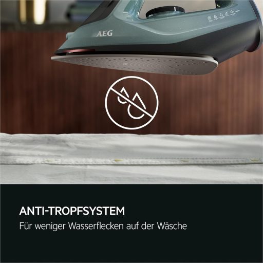 AEG Steam Iron, 2400 W, Variable Vertical Steam Surge, Fine Spray, 24% Recycled Plastic, Residual Heat Indicator, 2 m Cable, 180° Rotatable, Anti-Limescale System, Ceramic Sole, Green Grey, SI5-2-6OG