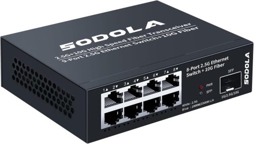 SODOLA 8 portos 2.5 Gbit hálózati switch, 10G SFP+ porttal, ventilátor nélküli fém ház