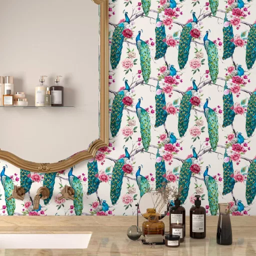 ReWallpaper Samolepiaca Tapeta 44,5cm×12m - Vintage Zelená Páví Vzor Vodoodolný Obklad Stien do Kúpeľne, Kuchyne, Chodby - Béžová Kvetinová PVC