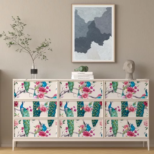 ReWallpaper Samolepiaca Tapeta 44,5cm×12m - Vintage Zelená Páví Vzor Vodoodolný Obklad Stien do Kúpeľne, Kuchyne, Chodby - Béžová Kvetinová PVC