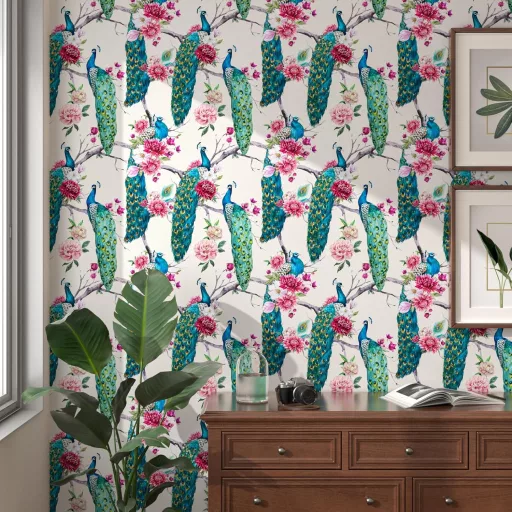 ReWallpaper Samolepiaca Tapeta 44,5cm×12m - Vintage Zelená Páví Vzor Vodoodolný Obklad Stien do Kúpeľne, Kuchyne, Chodby - Béžová Kvetinová PVC