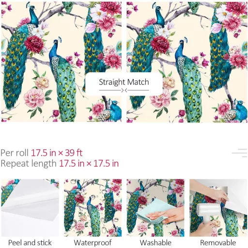 ReWallpaper Öntapadós Tapéta 44,5cm×12m - Vintage Zöld Páva Mintás Vízálló Faliborítás Fürdőszobába, Konyhába, Folyosóra - Bézs Virágos PVC