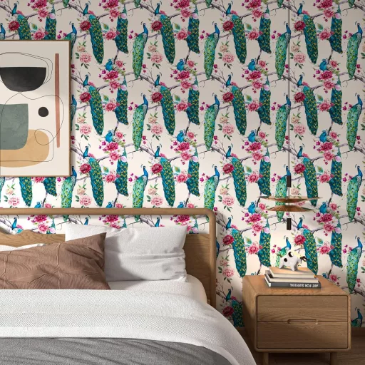 ReWallpaper Öntapadós Tapéta 44,5cm×12m - Vintage Zöld Páva Mintás Vízálló Faliborítás Fürdőszobába, Konyhába, Folyosóra - Bézs Virágos PVC