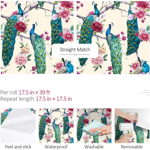ReWallpaper Öntapadós Tapéta 44,5cm×12m - Vintage Zöld Páva Mintás Vízálló Faliborítás Fürdőszobába, Konyhába, Folyosóra - Bézs Virágos PVC 