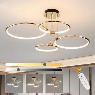   Plafonieră LED aurie WayLuoung cu 4 cercuri, 75 cm, 85W, candelabru dimabil pentru living și dormitor