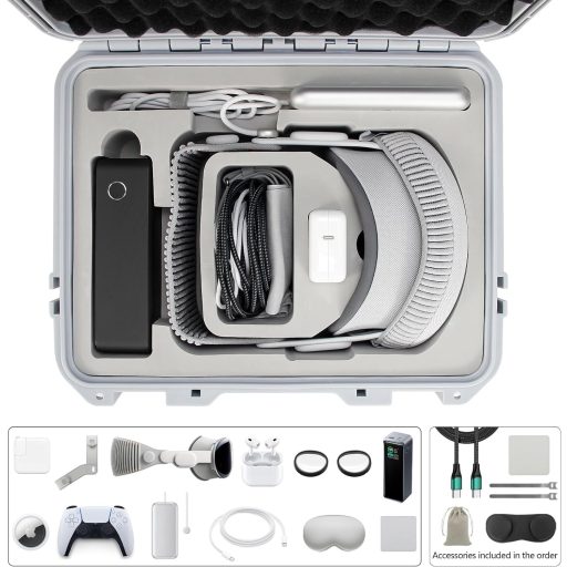 Husă de protecție AMAZEAR pentru ochelarii Apple Vision Pro - Gri, design modern, rezistentă la apă IP67, căptușită cu EVA, cu suport pentru accesorii