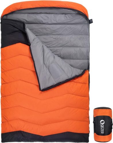 QEZER XXL Dupla Pehelytollú Hálózsák - 225x145cm, 3 Évszakos, Vízlepergető, Könnyű Túrazsák Kempingezéshez, Túrázáshoz, Sárga