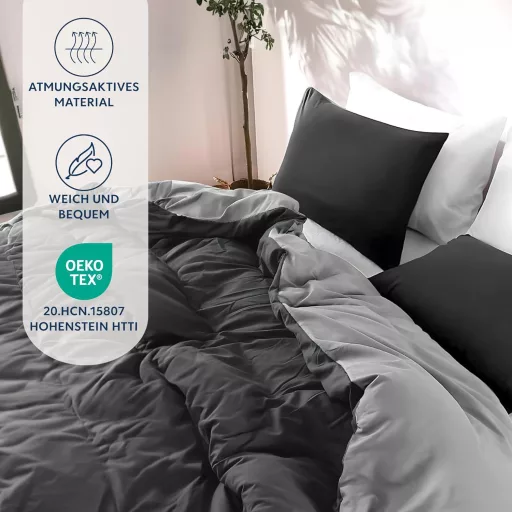 Set lenjerie de pat din microfibră Dreamzie 240x220 cm Negru-Gri Închis cu 2 fețe de pernă
