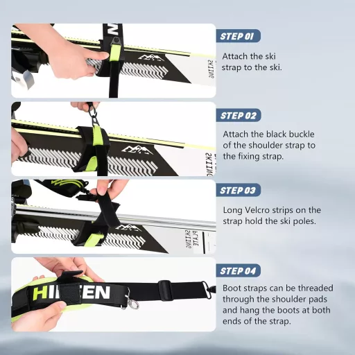 BOOSTEADY Curea de transport pentru schiuri și bețe de schi, cu curea de umăr ajustabilă și cataramă metalică